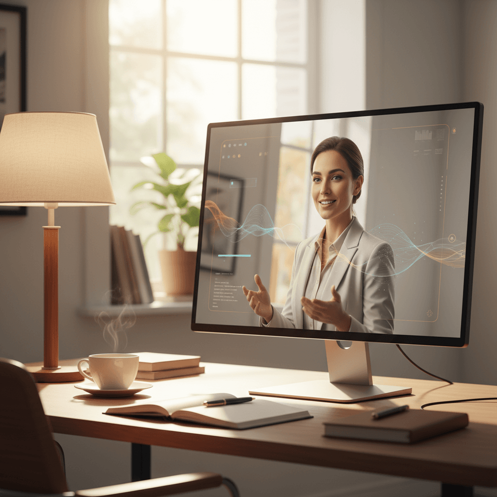 AI avatar displayed on desktop monitor in home office