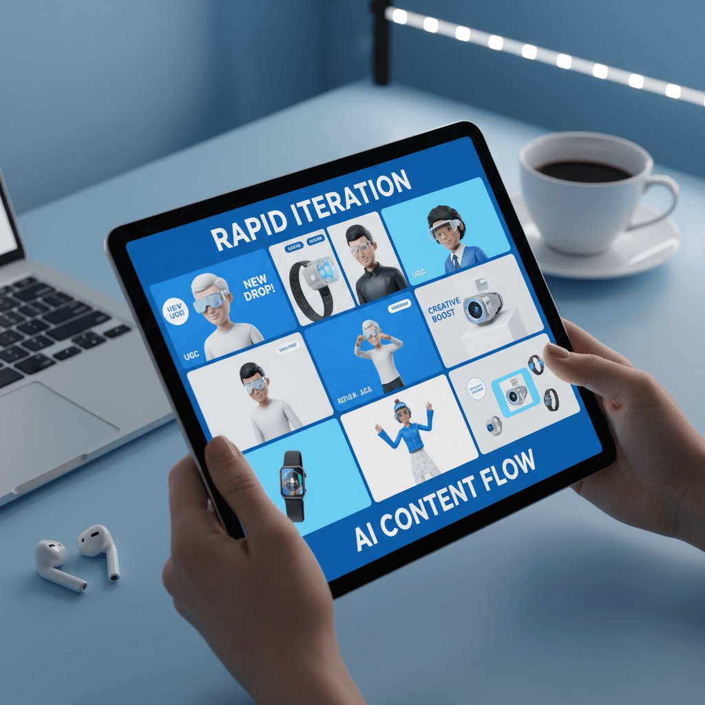 Hand holding tablet displaying AI-generated video content variations on screen