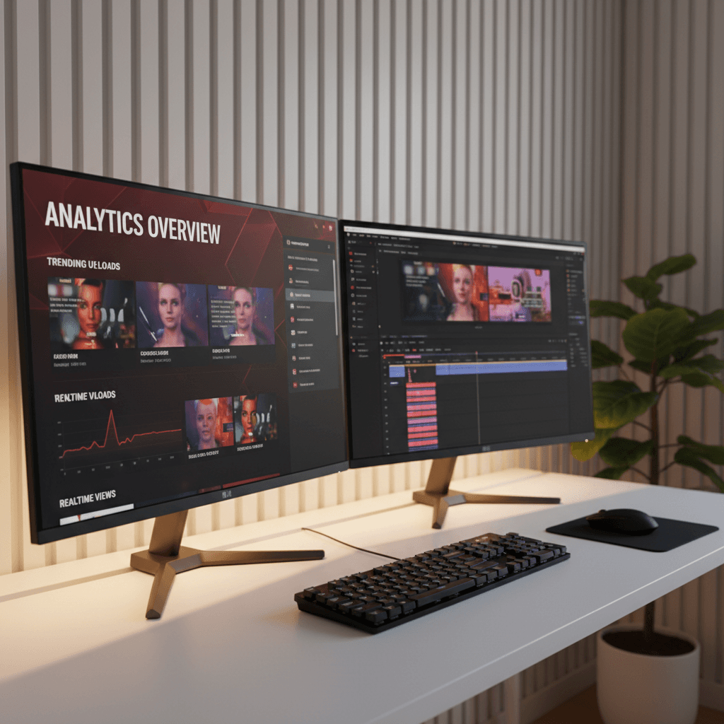 YouTube dashboard with analytics and video uploads on dual monitors