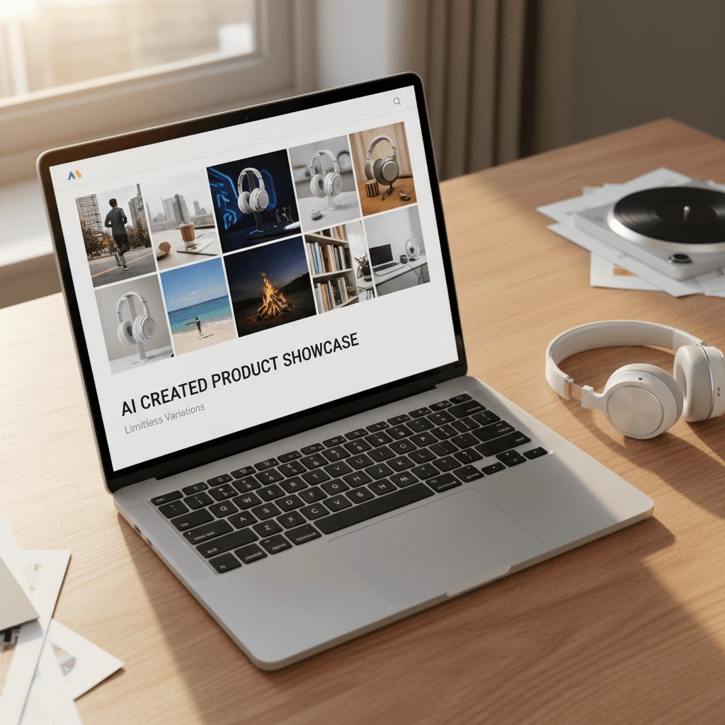 AI-generated product images displayed on laptop screen