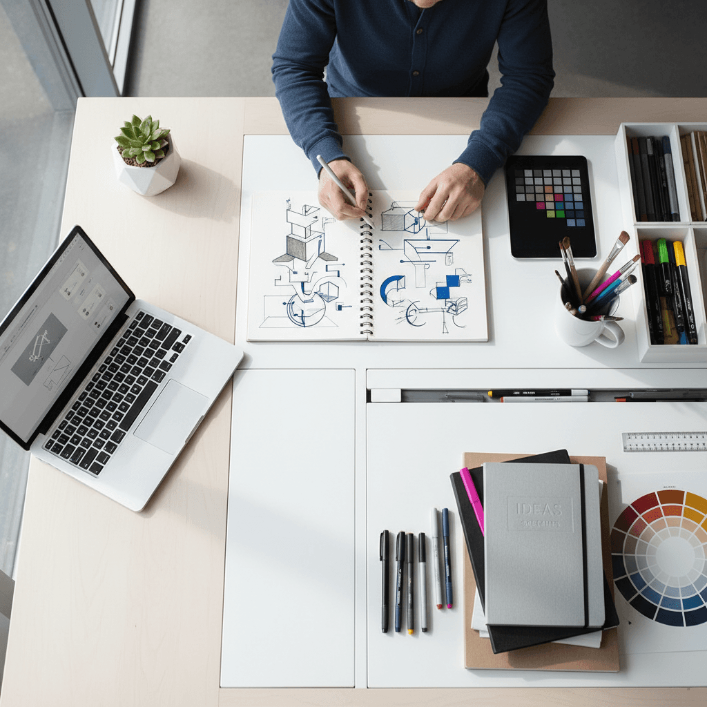 Designer's workspace showing multiple revisions and iterations of ad scripts