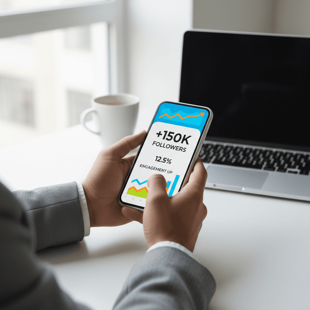 Mobile phone showing AI UGC video ad with analytics dashboard in background