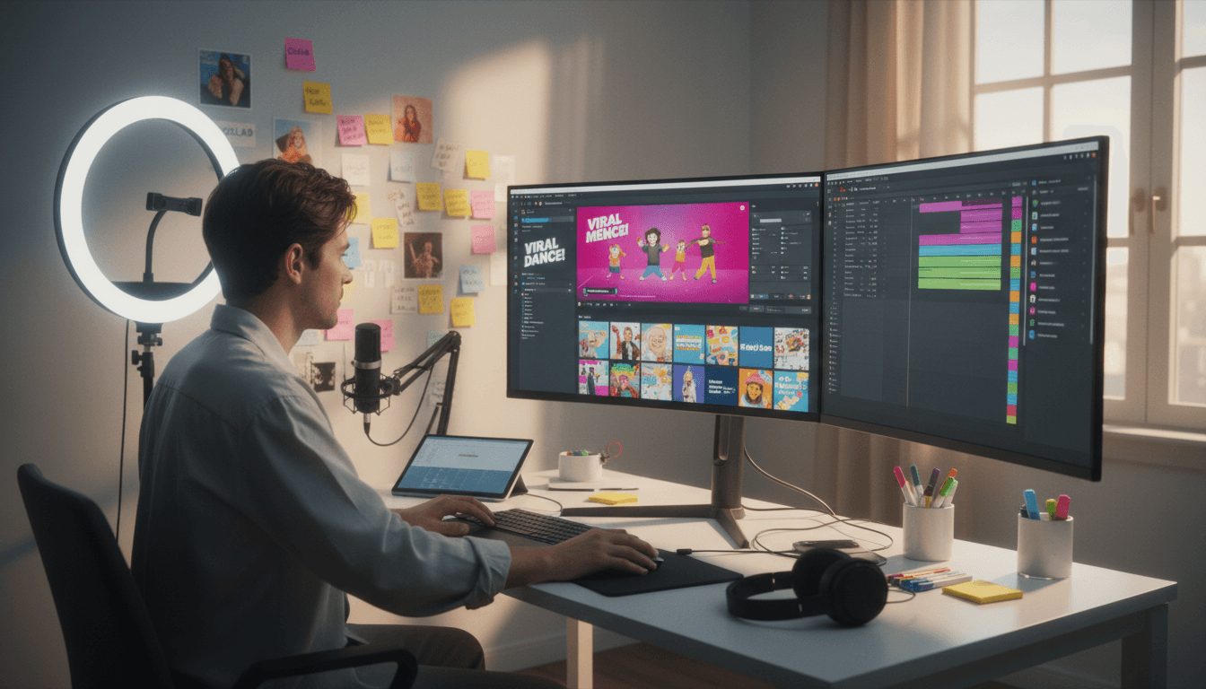 Multi-screen content creation workspace showing social media platforms and video assets