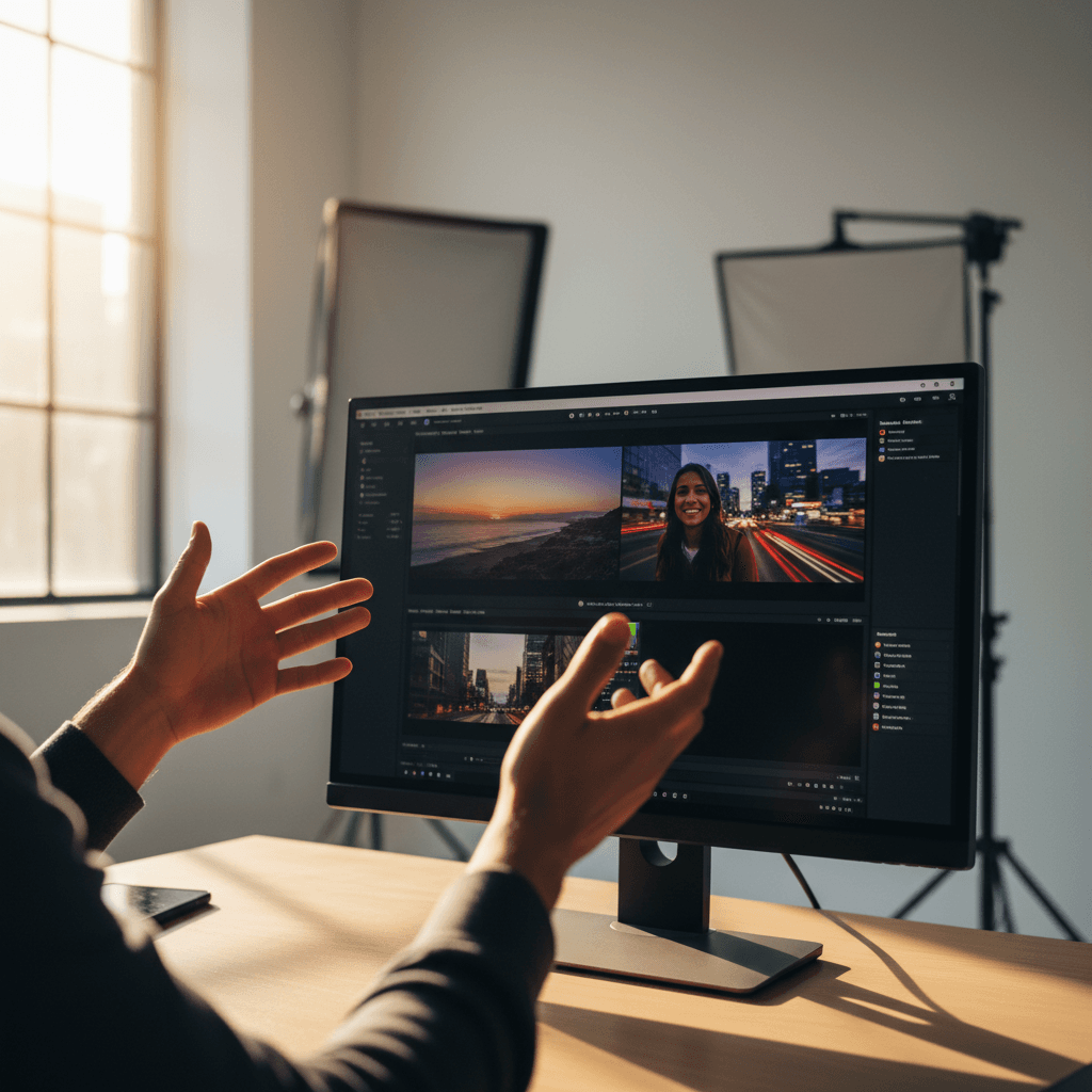 Creative professional reviewing AI-generated video content on a monitor